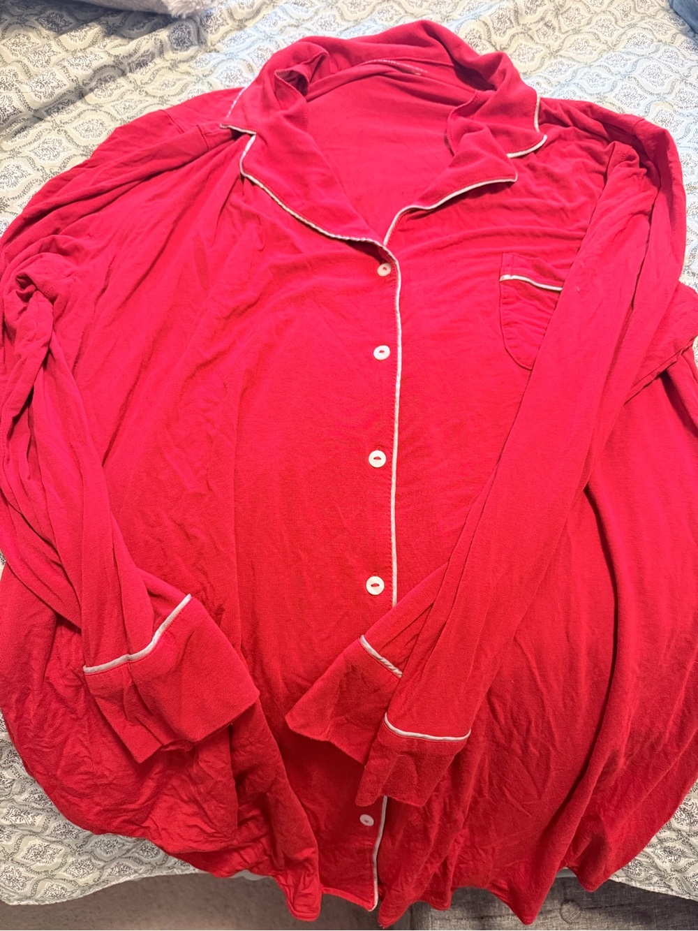 Victoria's Secret Red Long-Sleeve Pajama Top with Contrast Piping